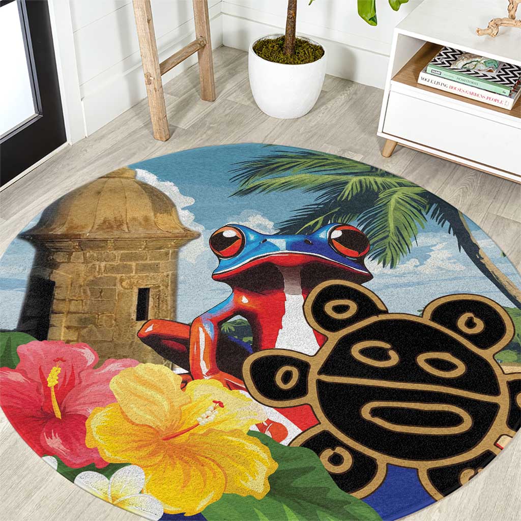 Round Puerto Rico coqui frog and sun graphic area rug with palm and flowers, colorful.
