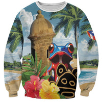 Unisex colorful sweatshirt with El Morro tower, palm trees, coqui frog and floral print