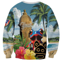 Unisex colorful sweatshirt with cursive text, El Morro tower, coqui frog and palm trees