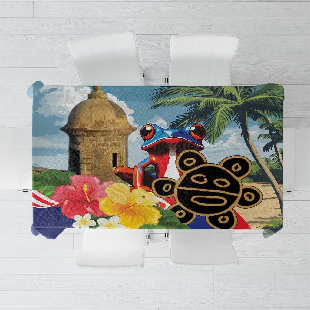 Colorful Puerto Rico-themed tablecloth with El Morro building, coqui frog, and palm leaves