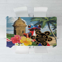 Colorful Puerto Rico-themed tablecloth with El Morro building, coqui frog, and palm leaves