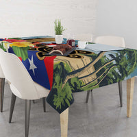 Colorful square tablecloth with Puerto Rican flag motif, palm leaves, and coqui artwork