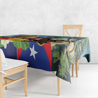 Colorful rectangular tablecloth with Puerto Rico flag colors and tropical leaf print