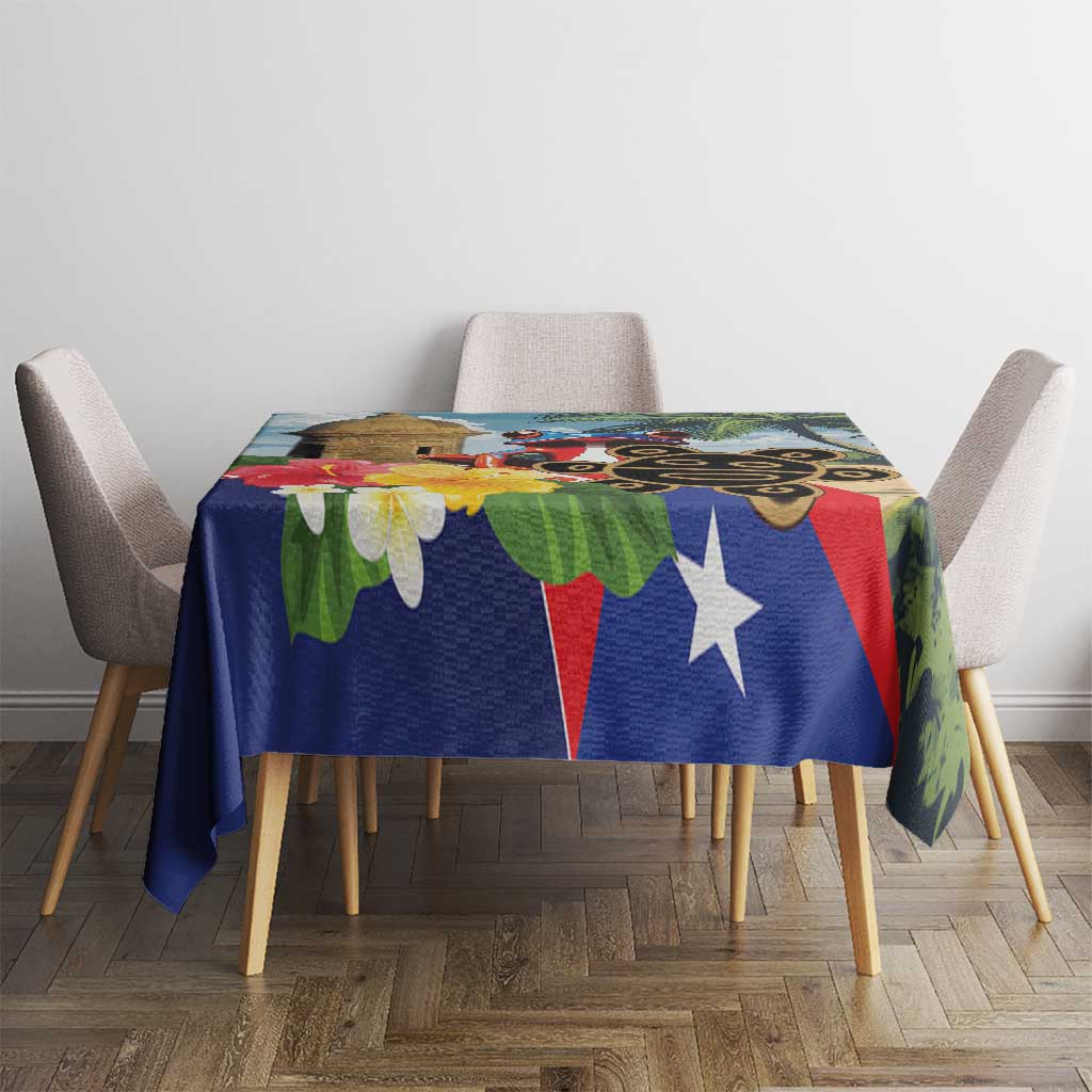 Colorful tablecloth on dining table with Puerto Rican flag star and tropical design