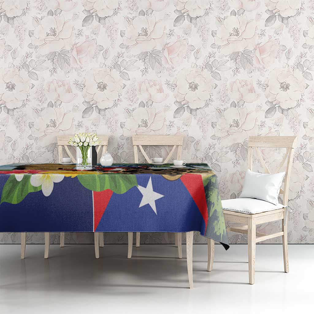 Colorful tablecloth on table with Puerto Rican flag colors and leafy pattern