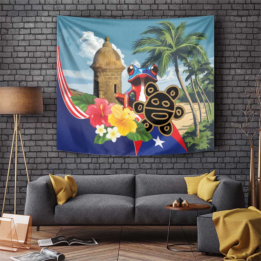 Personalized Puerto Rico sun coqui tapestry with frog, lighthouse, flowers, and palm trees