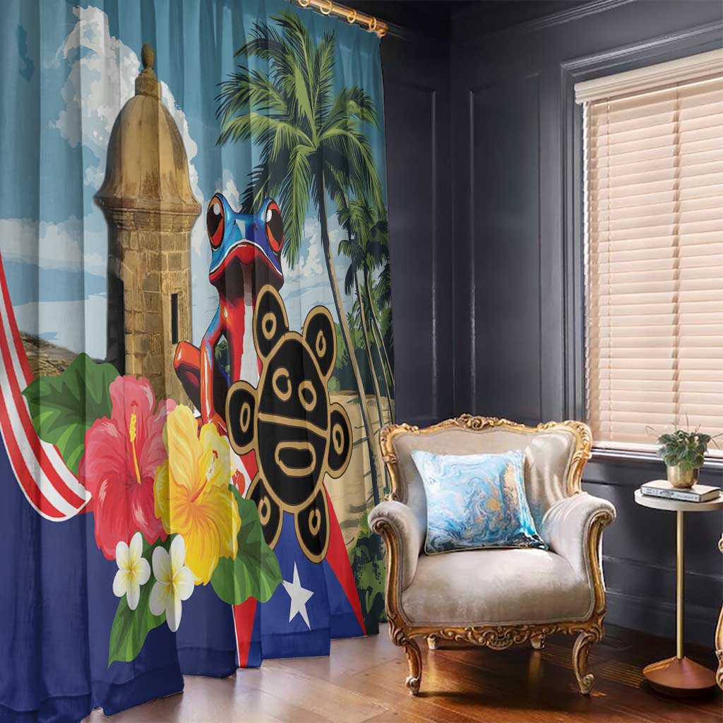 Blue window curtain set: coqui frog and Morro tower with palm trees