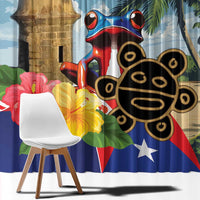 Blue curtain with close view of coqui frog, Morro tower, flowers and stars