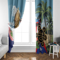 Blue window curtain panels with Morro tower, coqui frog, and palm trees