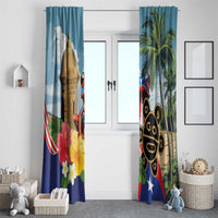 Blue window curtain panels with Morro tower, coqui frog, hibiscus flowers, palm leaves