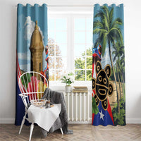 Blue window curtains with coqui frog, Morro tower, palm trees, and hibiscus