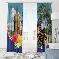 Blue window curtain with Morro tower, coqui frog, palm trees, and Puerto Rico flag