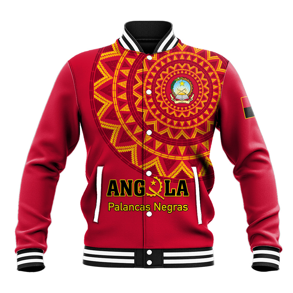 Red baseball jacket with yellow geometric crest, striped collar, and snap-button front