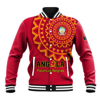 Red baseball jacket with yellow geometric crest, striped collar, and snap-button front