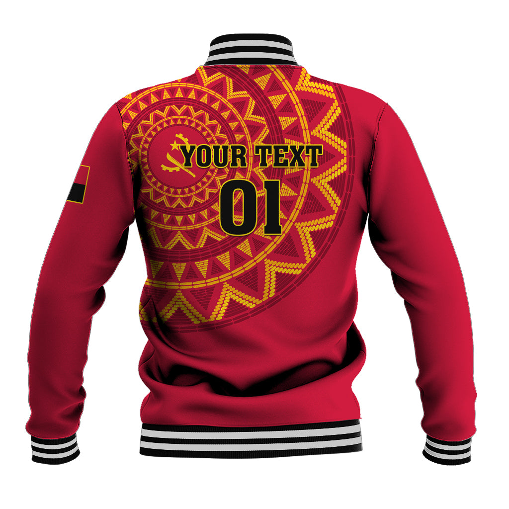 Red back varsity jacket with circular emblem, bold text, and striped hem and sleeves