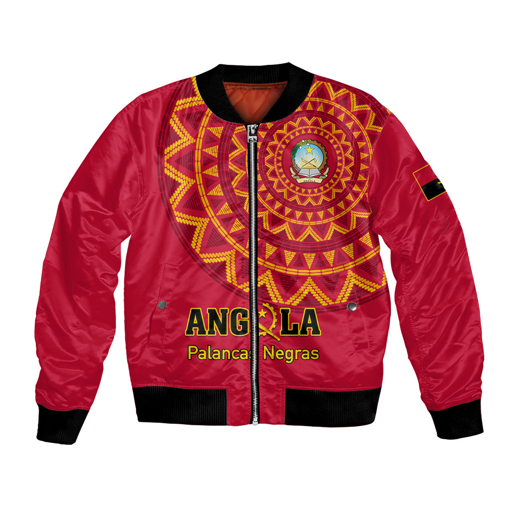 Red football bomber jacket with gold Aztec-style front panel, zip front, ribbed cuffs