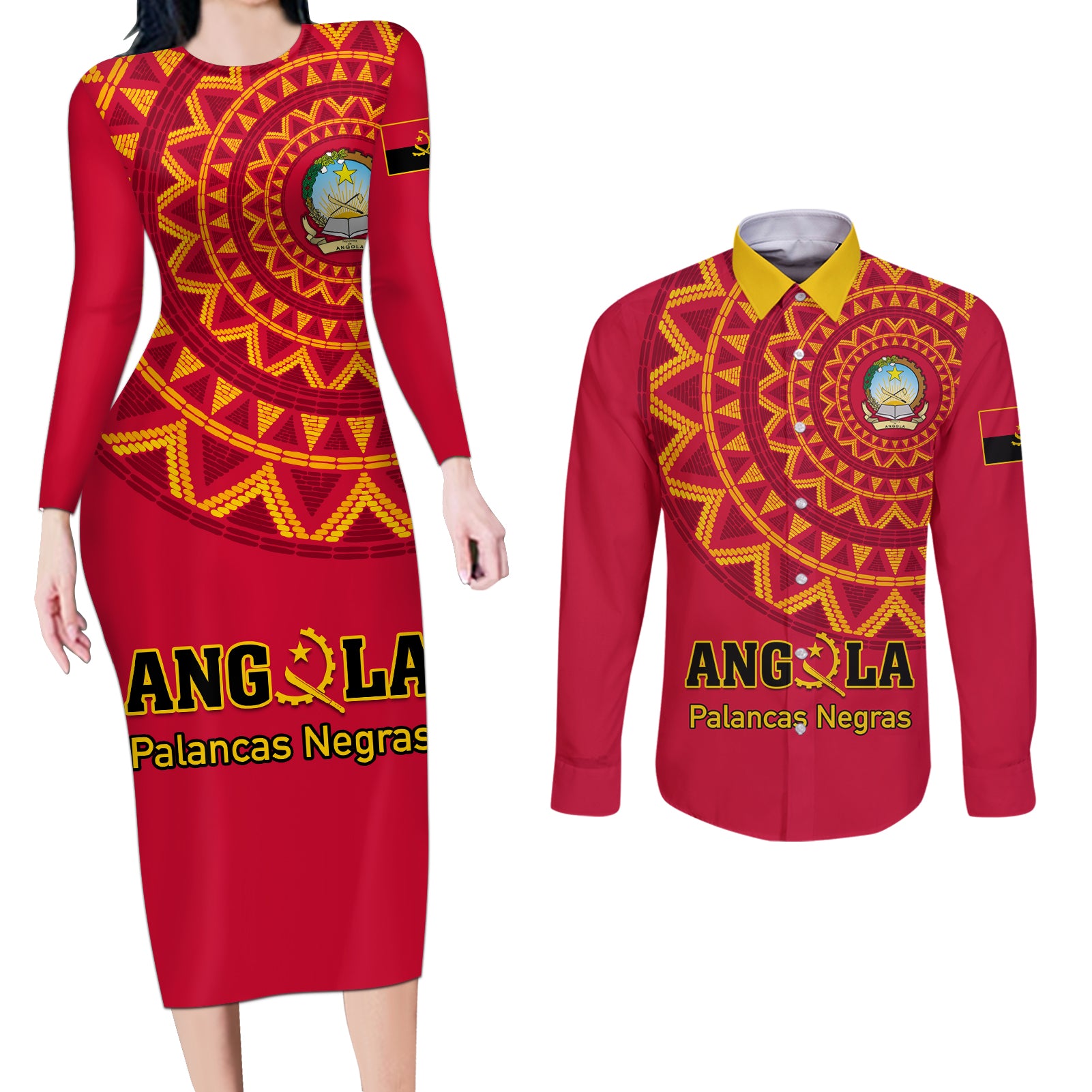 Angola Football Couples Matching Long Sleeve Bodycon Dress and Long Sleeve Button Shirt Go Palancas Negras Red Version - Wonder Print Shop