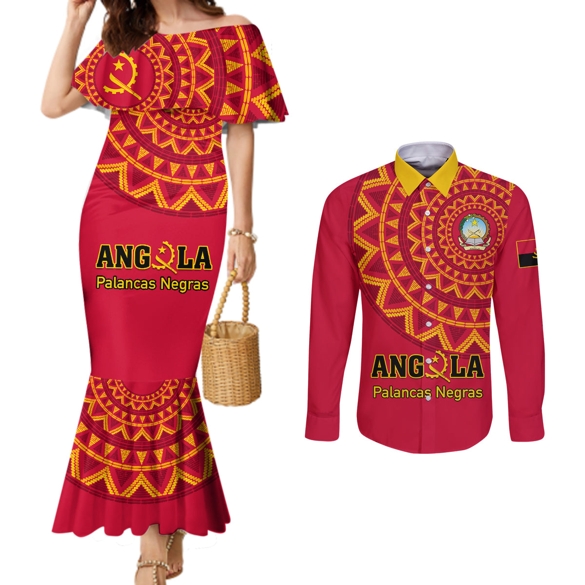 Angola Football Couples Matching Mermaid Dress and Long Sleeve Button Shirt Go Palancas Negras Red Version