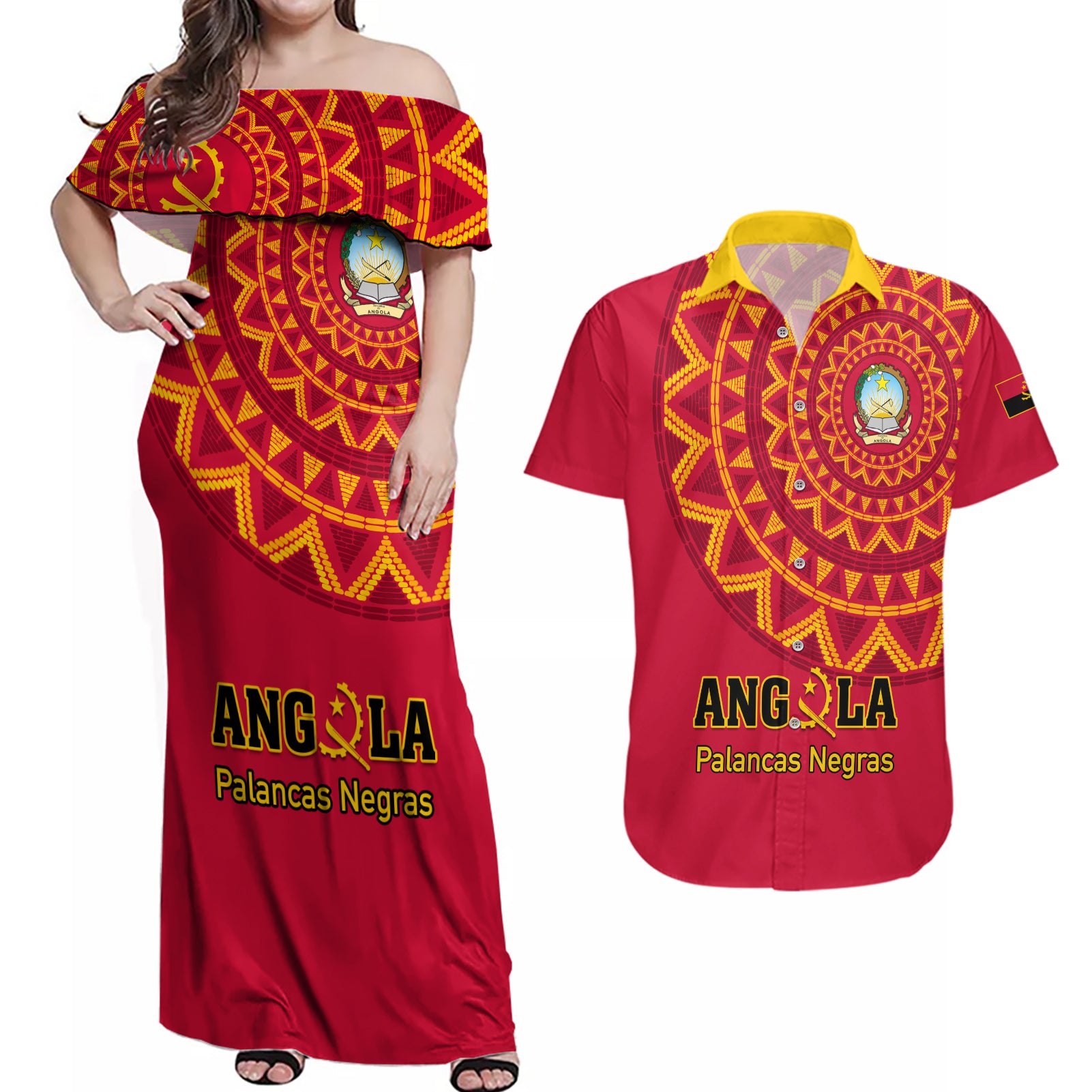 Angola Football Couples Matching Off Shoulder Maxi Dress and Hawaiian Shirt Go Palancas Negras Red Version - Wonder Print Shop