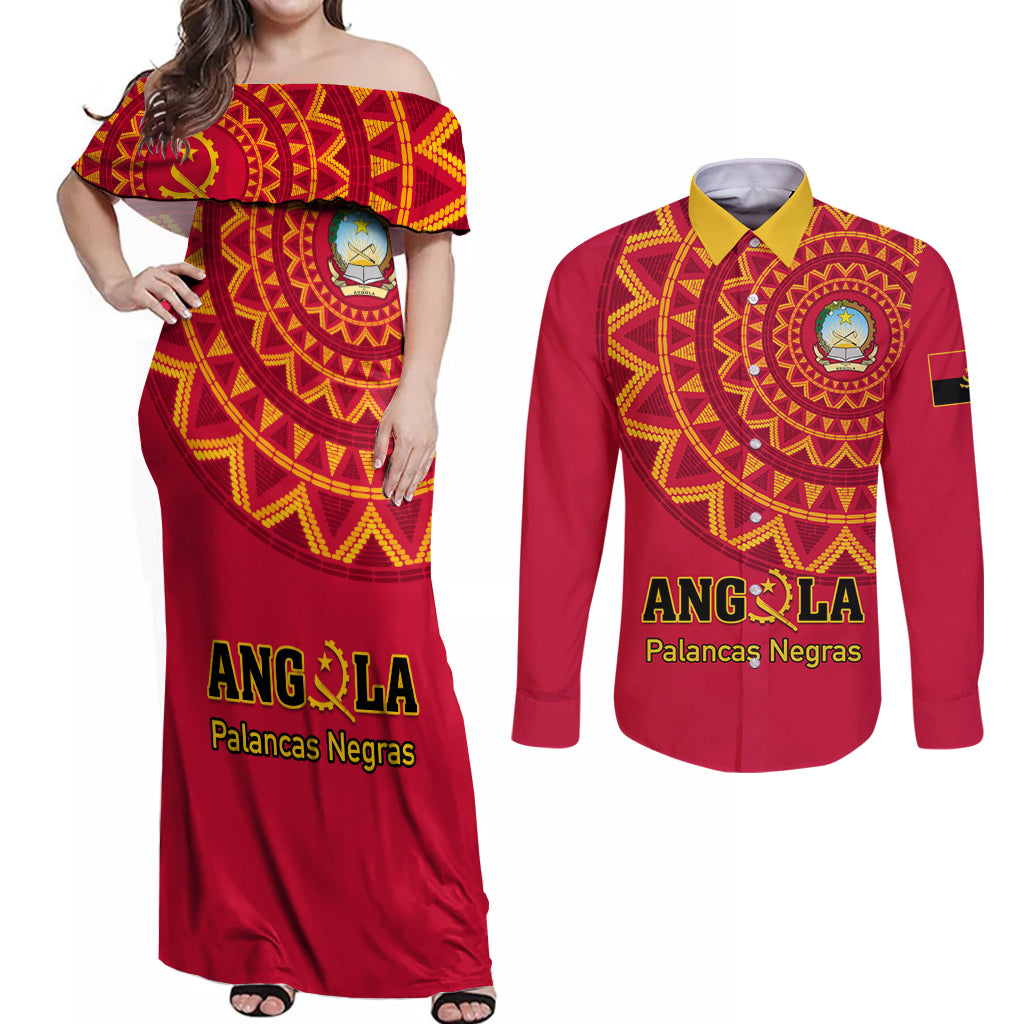 Angola Football Couples Matching Off Shoulder Maxi Dress and Long Sleeve Button Shirt Go Palancas Negras Red Version - Wonder Print Shop