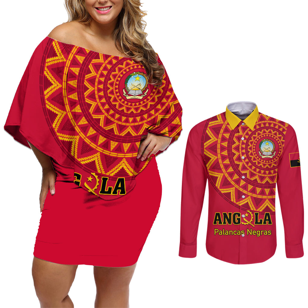 Angola Football Couples Matching Off Shoulder Short Dress and Long Sleeve Button Shirt Go Palancas Negras Red Version - Wonder Print Shop