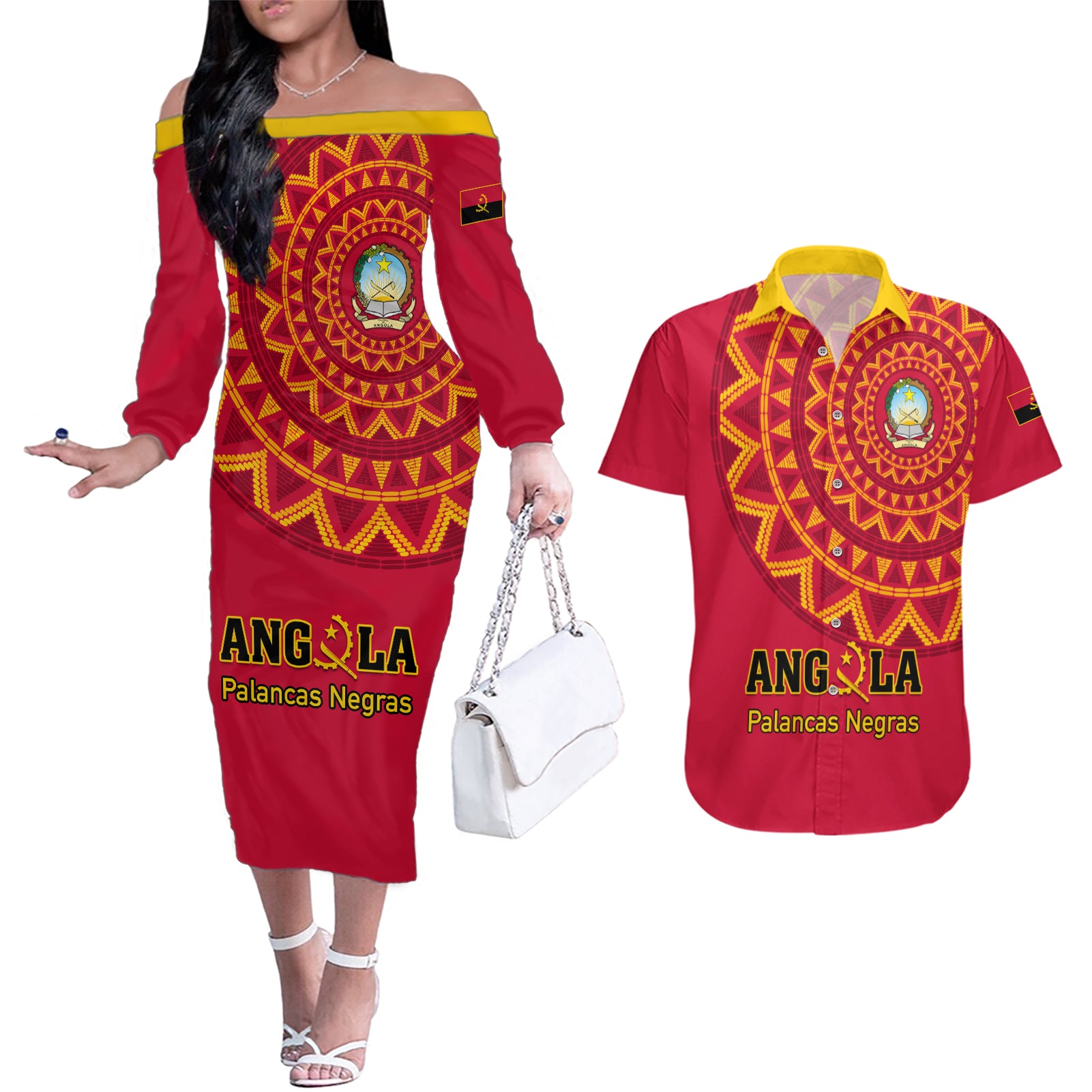 Angola Football Couples Matching Off The Shoulder Long Sleeve Dress and Hawaiian Shirt Go Palancas Negras Red Version - Wonder Print Shop