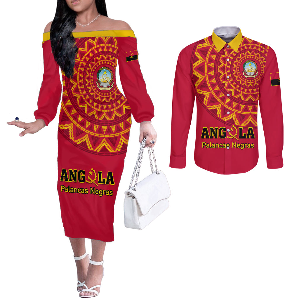 Angola Football Couples Matching Off The Shoulder Long Sleeve Dress and Long Sleeve Button Shirt Go Palancas Negras Red Version