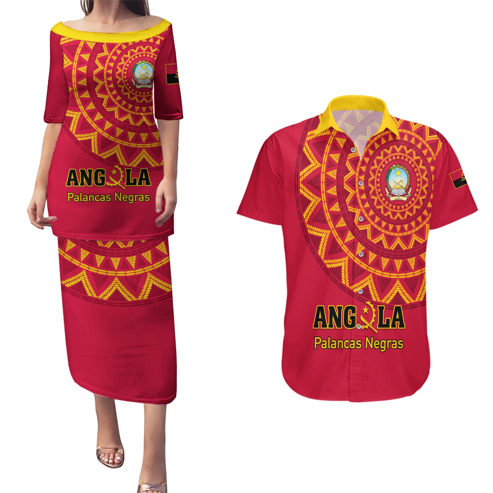 Angola Football Couples Matching Puletasi and Hawaiian Shirt Go Palancas Negras Red Version - Wonder Print Shop