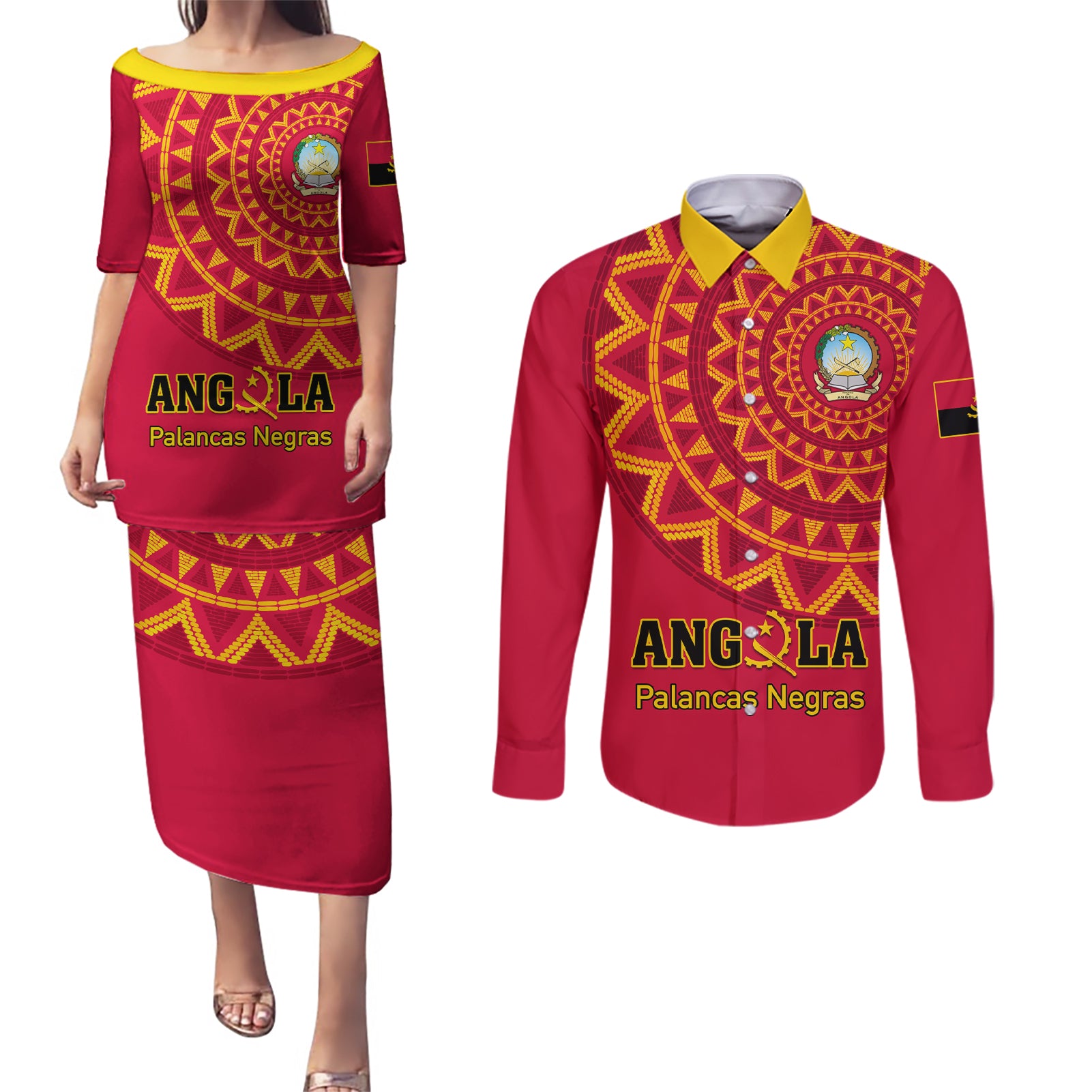 Angola Football Couples Matching Puletasi and Long Sleeve Button Shirt Go Palancas Negras Red Version - Wonder Print Shop