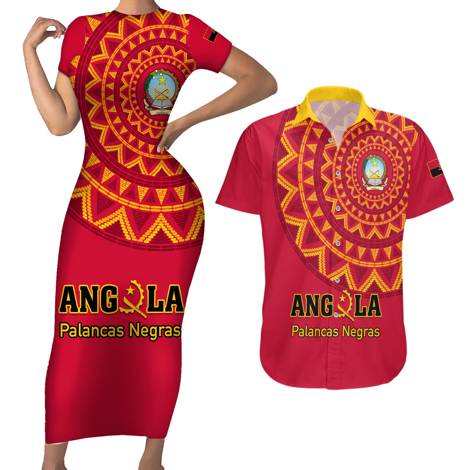 Angola Football Couples Matching Short Sleeve Bodycon Dress and Hawaiian Shirt Go Palancas Negras Red Version - Wonder Print Shop