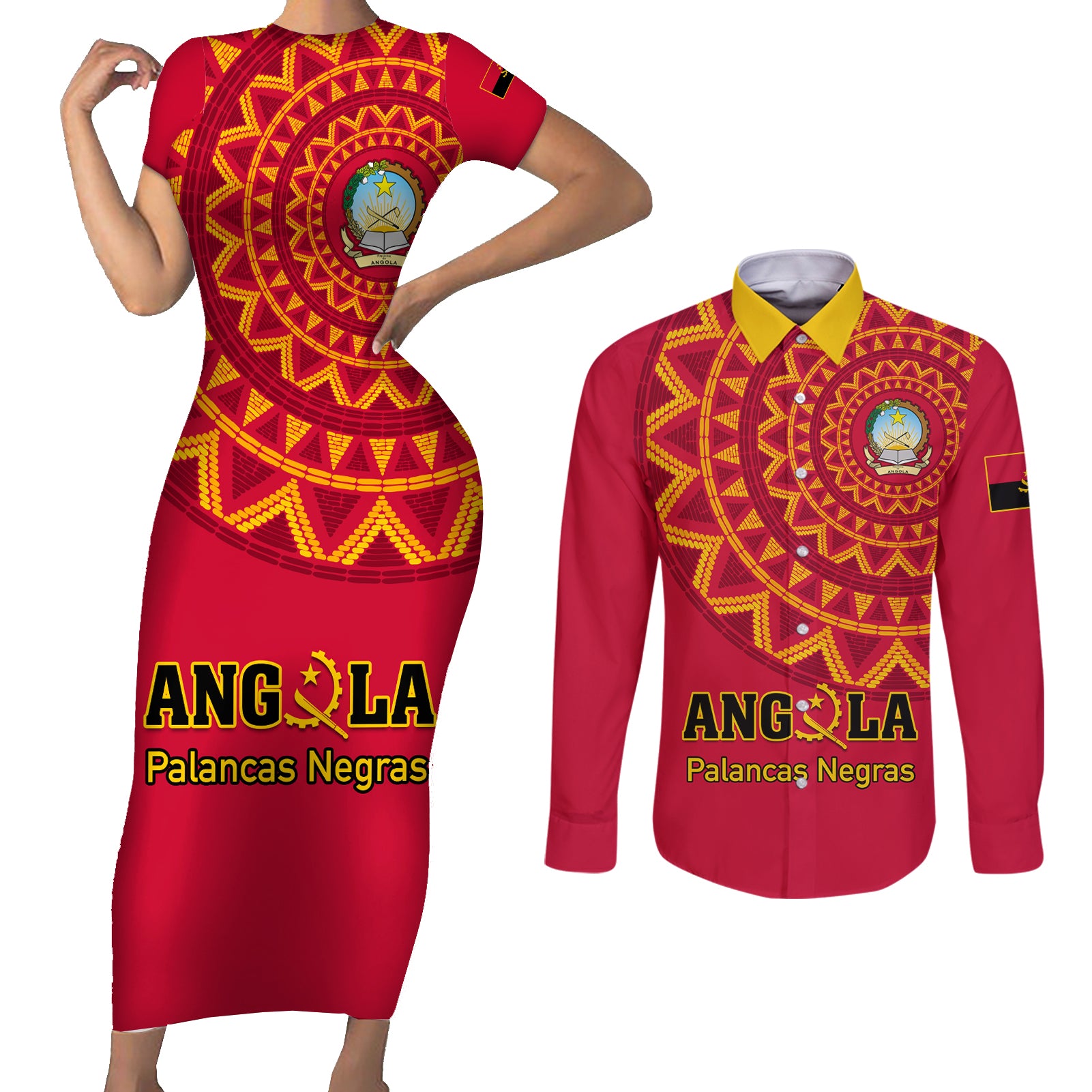 Angola Football Couples Matching Short Sleeve Bodycon Dress and Long Sleeve Button Shirt Go Palancas Negras Red Version - Wonder Print Shop