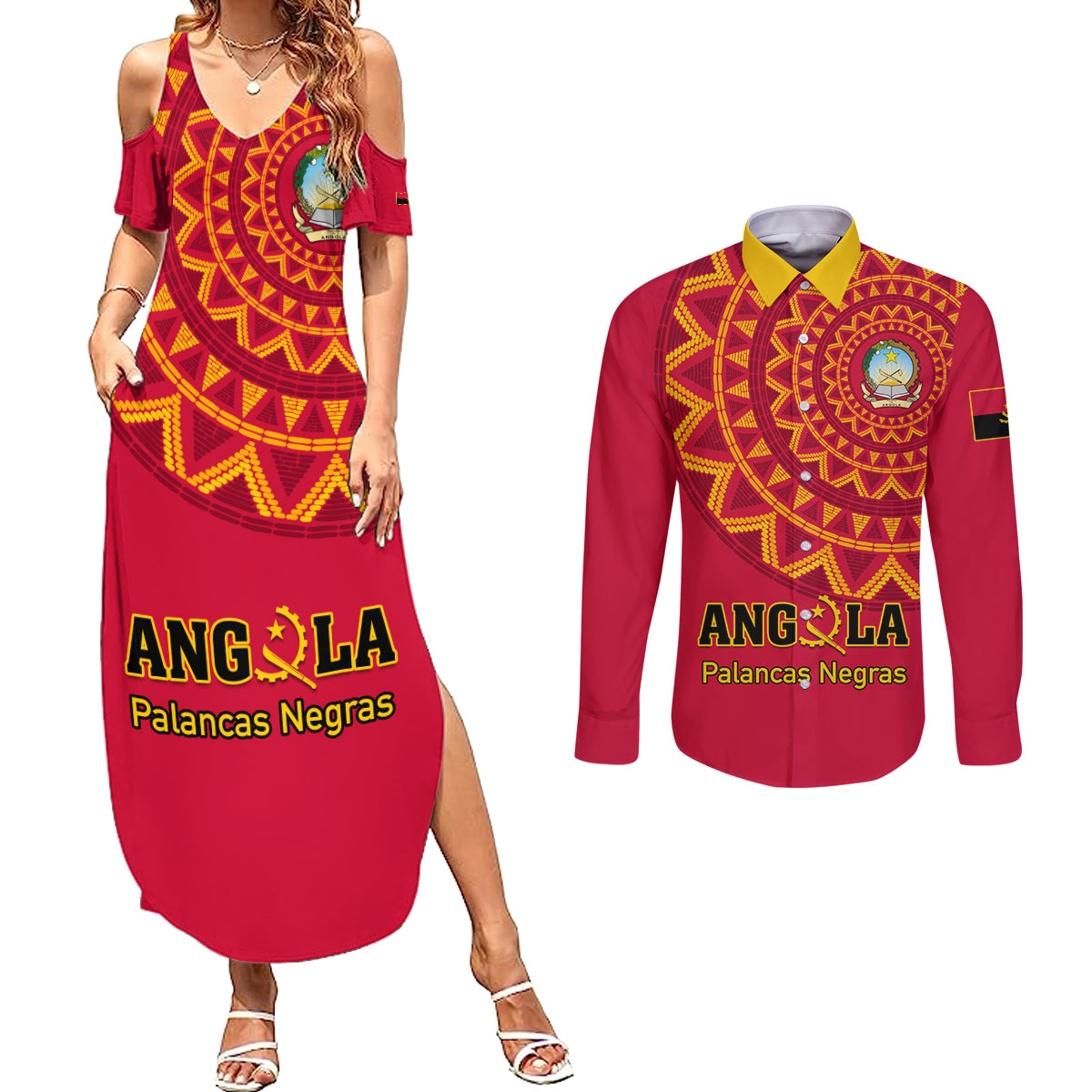 Angola Football Couples Matching Summer Maxi Dress and Long Sleeve Button Shirt Go Palancas Negras Red Version - Wonder Print Shop