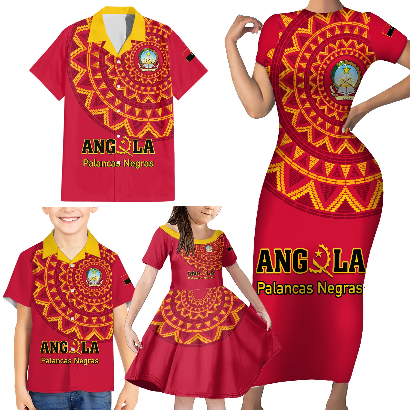 Angola Football Family Matching Short Sleeve Bodycon Dress and Hawaiian Shirt Go Palancas Negras Red Version - Wonder Print Shop