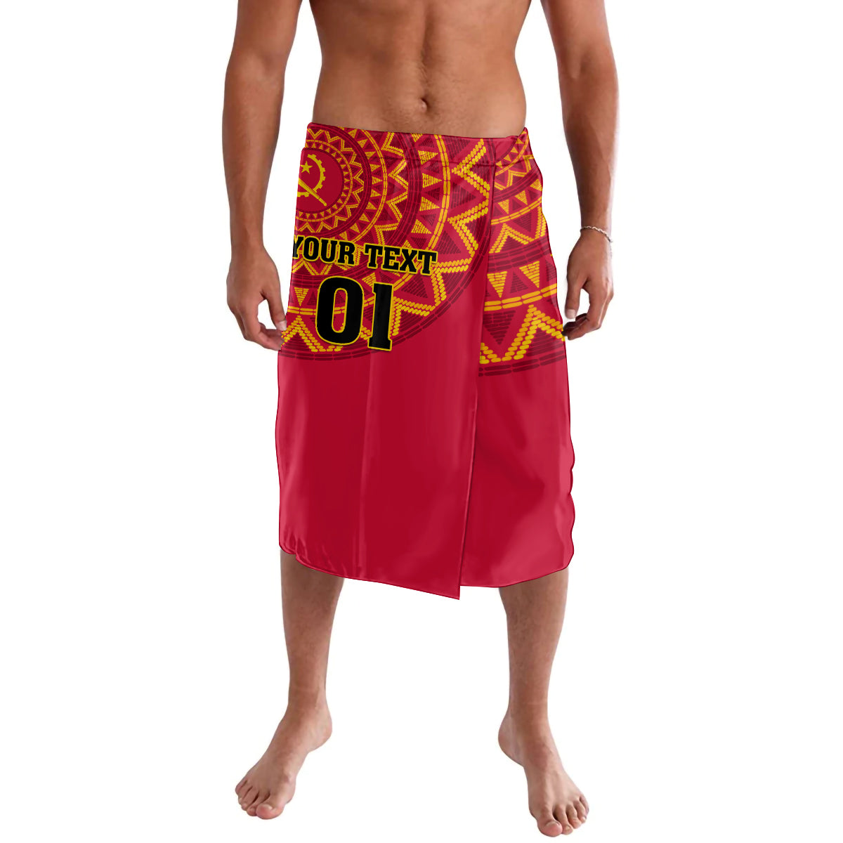 Red football lavalava with yellow patterned waistband and 01 graphic