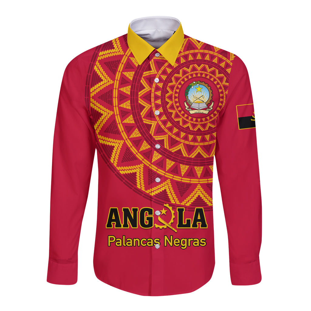 Red long-sleeve button football shirt with yellow circular crest and front graphic.