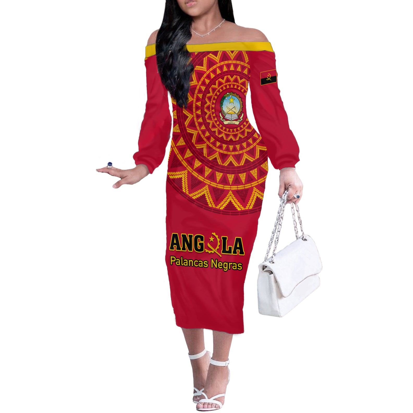 Angola Football Off The Shoulder Long Sleeve Dress Go Palancas Negras Red Version - Wonder Print Shop