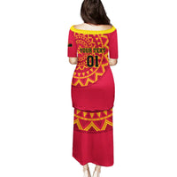Red long dress with yellow geometric yoke and hem panels, short sleeves