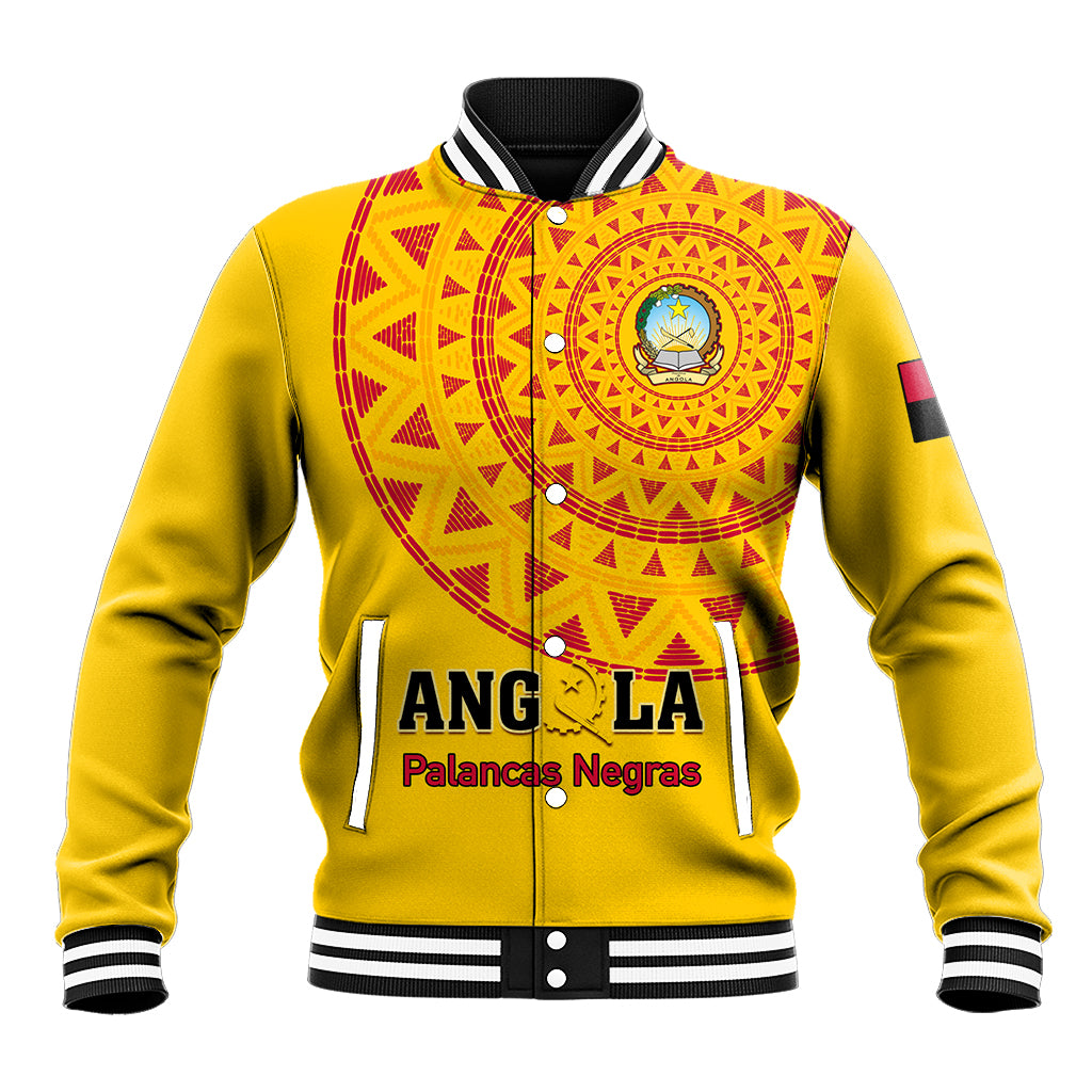 Unisex yellow baseball jacket with red geometric crest, button front and striped cuffs