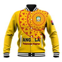 Unisex yellow baseball jacket with red geometric crest, button front and striped cuffs