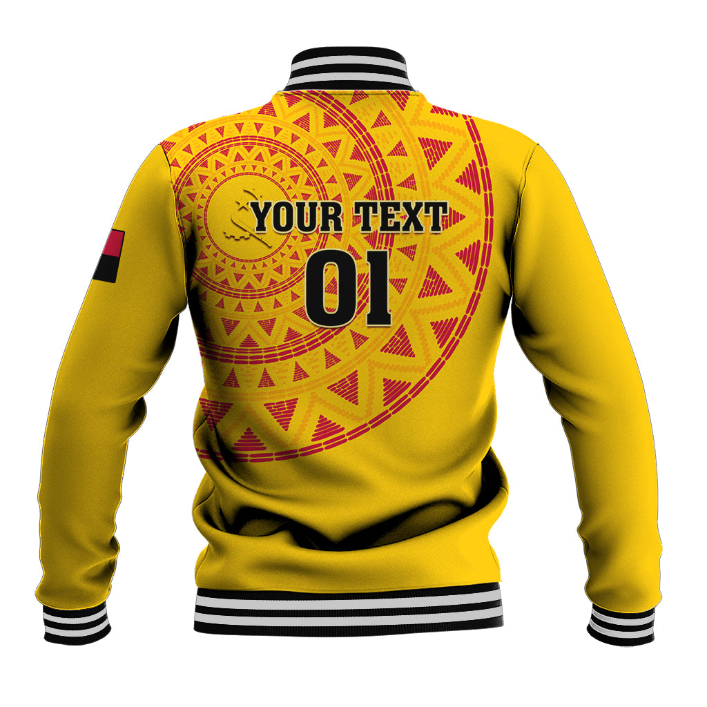 Unisex yellow baseball jacket with red back circle graphic, 'YOUR TEXT' 01 print and striped trim