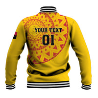 Unisex yellow baseball jacket with red back circle graphic, 'YOUR TEXT' 01 print and striped trim