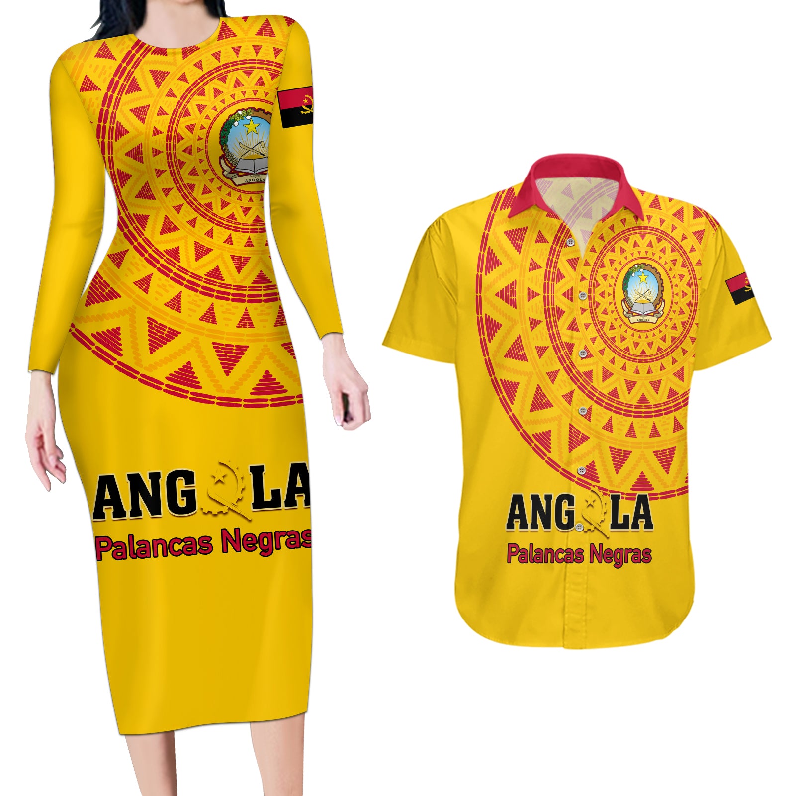 Angola Football Couples Matching Long Sleeve Bodycon Dress and Hawaiian Shirt Go Palancas Negras Yellow Version - Wonder Print Shop