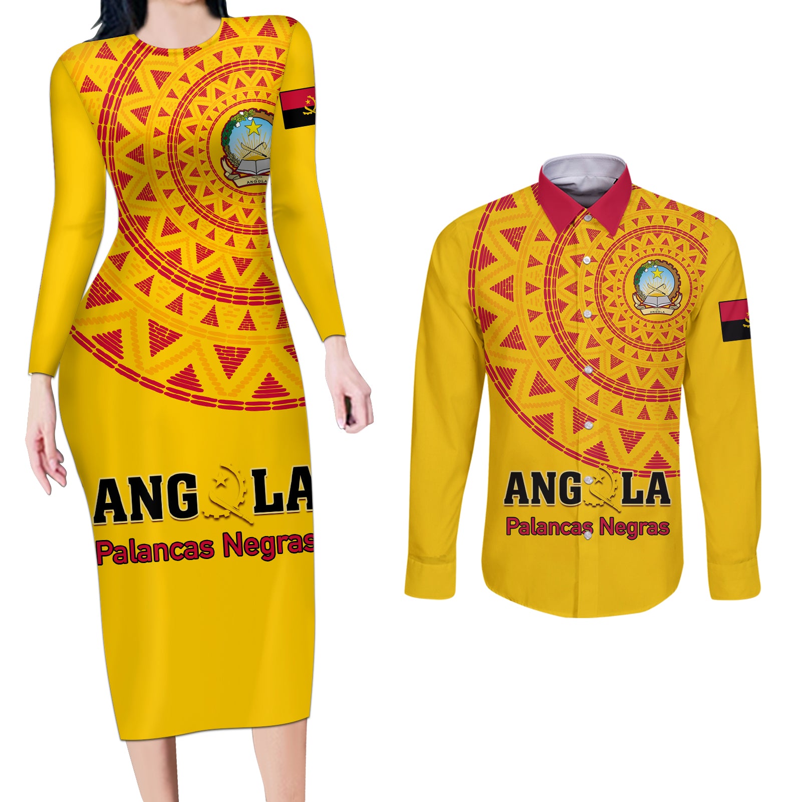 Angola Football Couples Matching Long Sleeve Bodycon Dress and Long Sleeve Button Shirt Go Palancas Negras Yellow Version - Wonder Print Shop