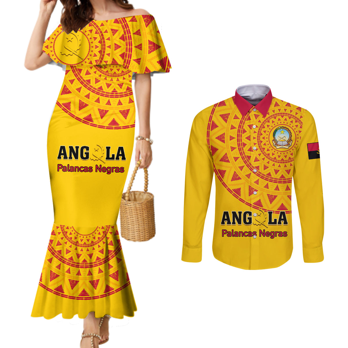 Angola Football Couples Matching Mermaid Dress and Long Sleeve Button Shirt Go Palancas Negras Yellow Version