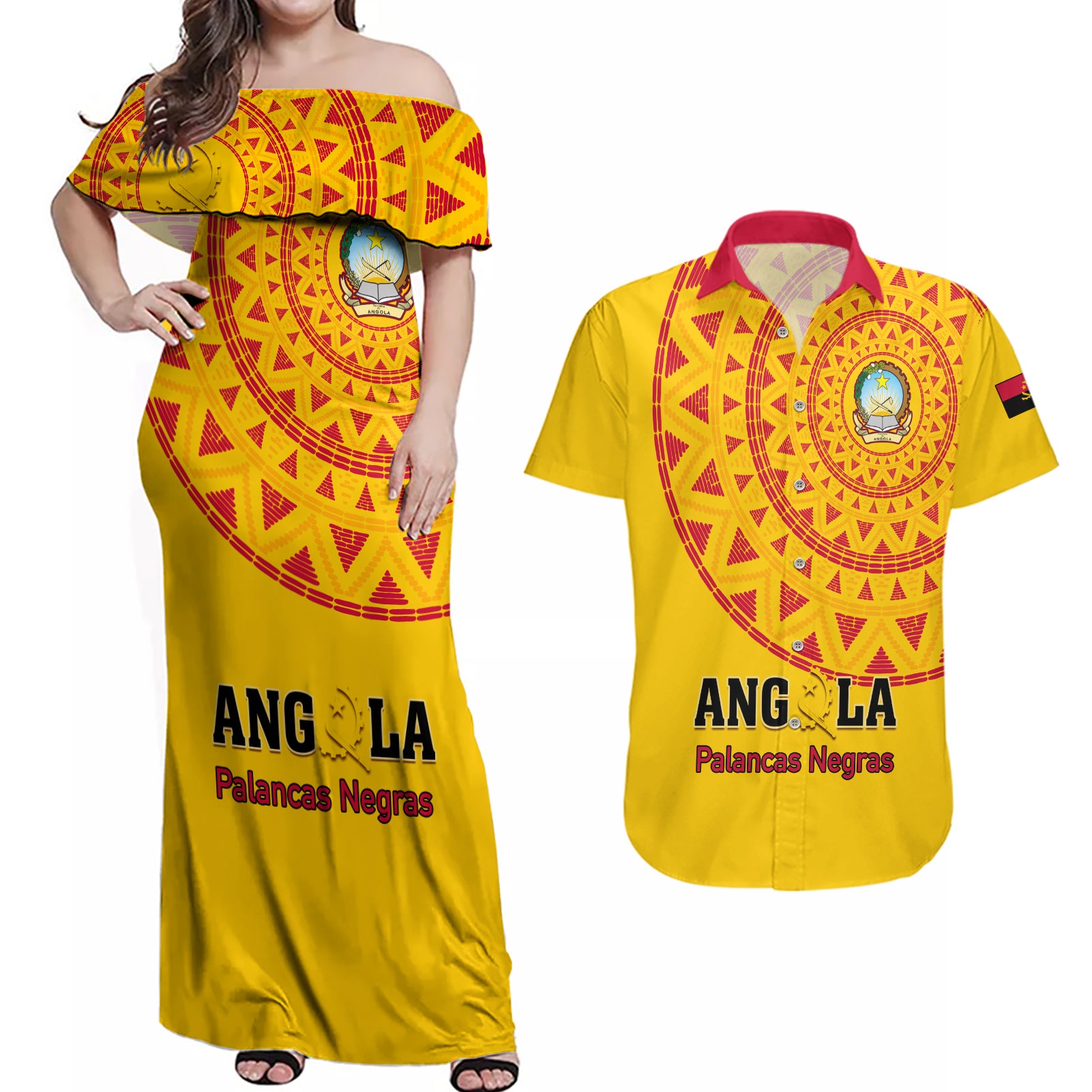 Angola Football Couples Matching Off Shoulder Maxi Dress and Hawaiian Shirt Go Palancas Negras Yellow Version - Wonder Print Shop