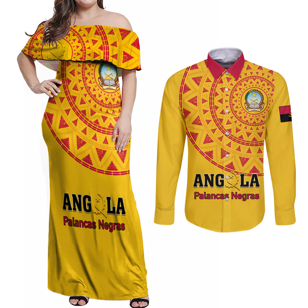 Angola Football Couples Matching Off Shoulder Maxi Dress and Long Sleeve Button Shirt Go Palancas Negras Yellow Version - Wonder Print Shop