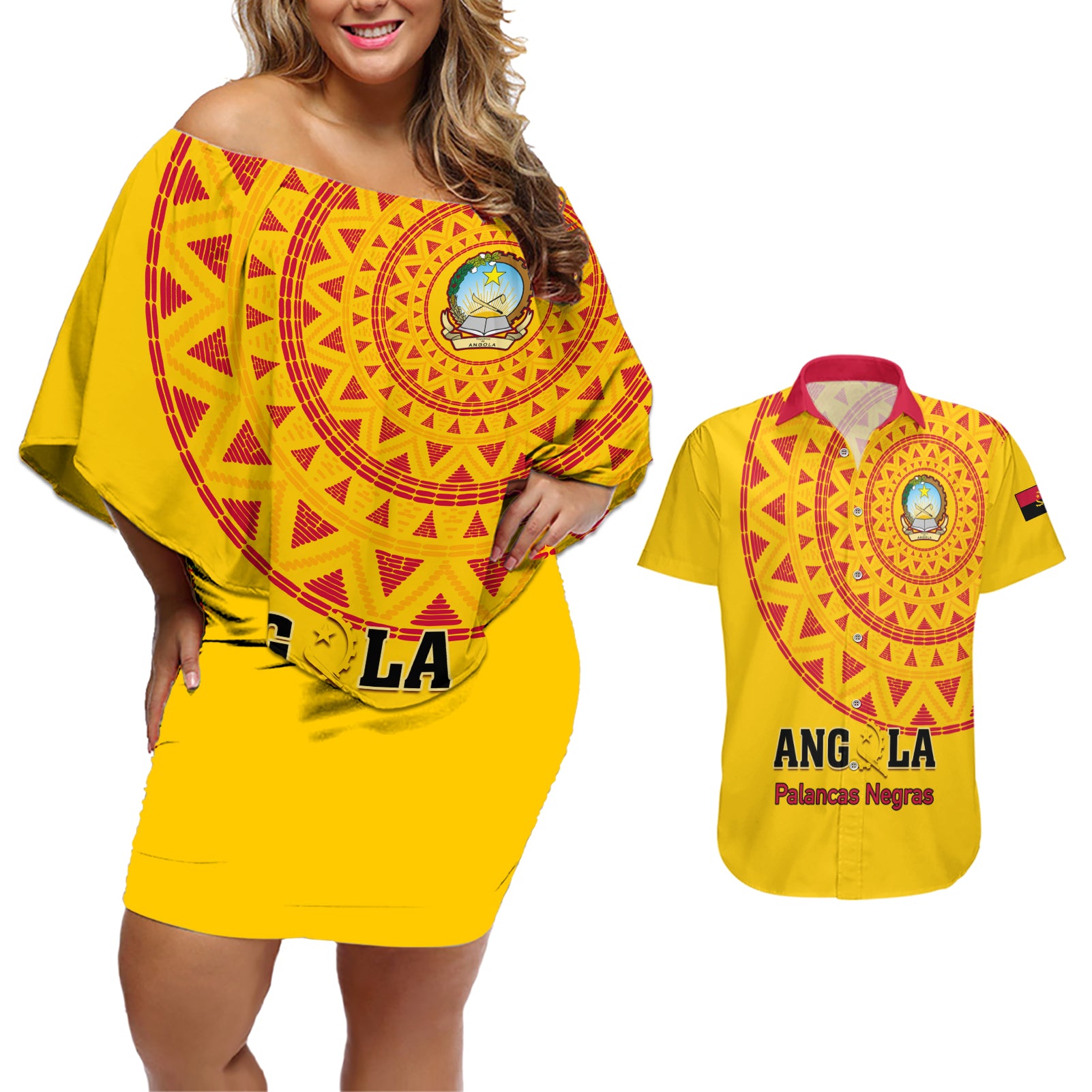 Angola Football Couples Matching Off Shoulder Short Dress and Hawaiian Shirt Go Palancas Negras Yellow Version - Wonder Print Shop