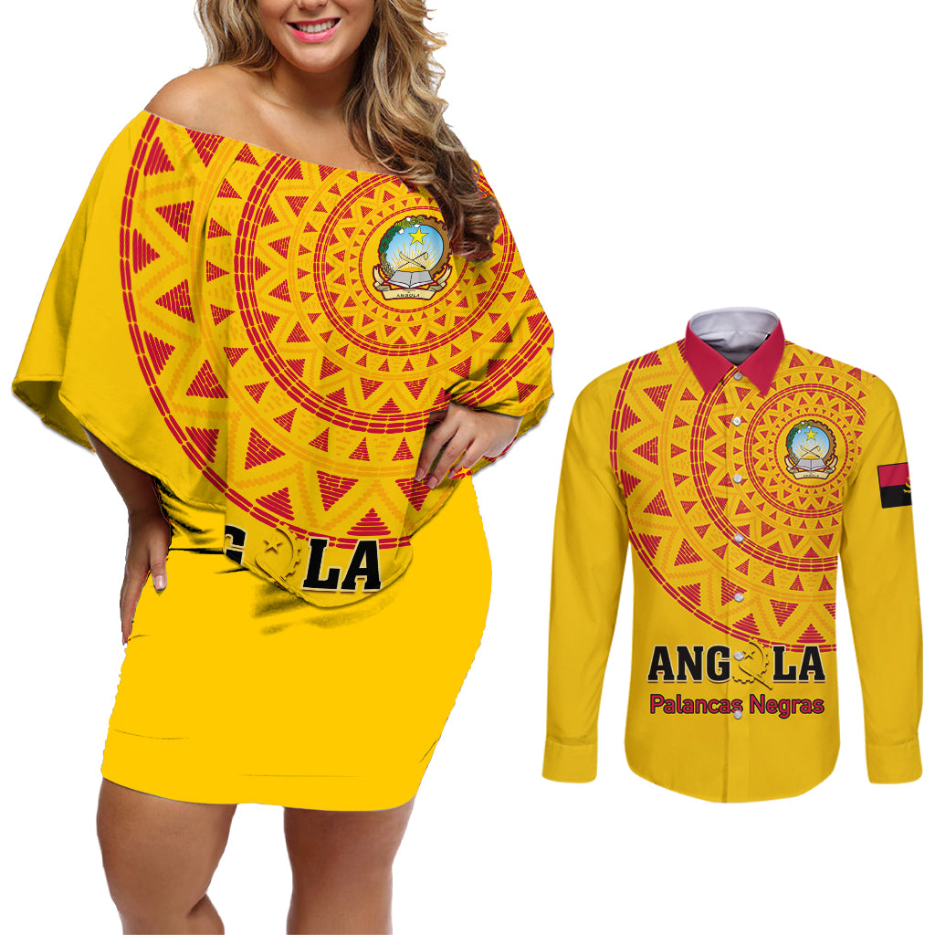 Angola Football Couples Matching Off Shoulder Short Dress and Long Sleeve Button Shirt Go Palancas Negras Yellow Version - Wonder Print Shop