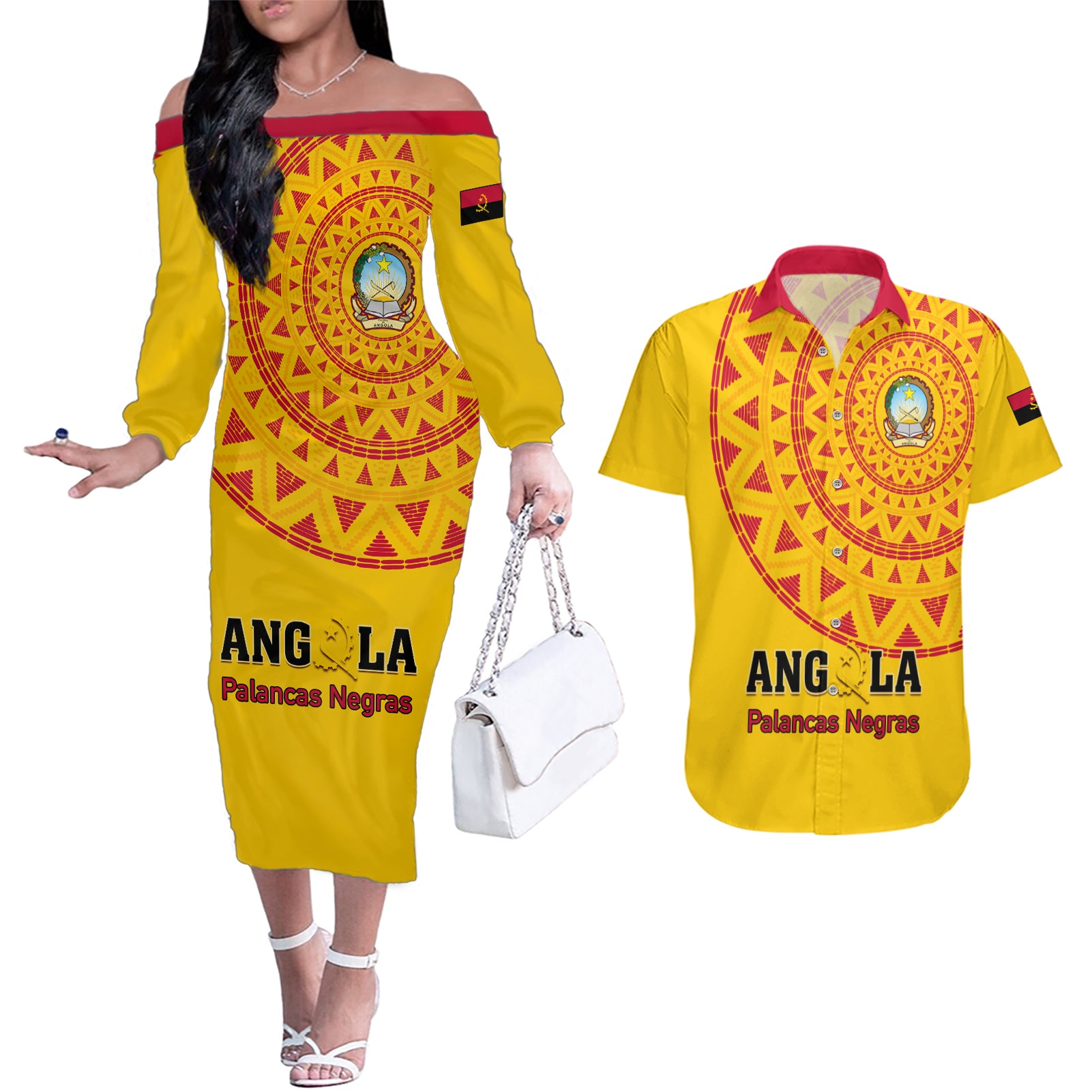 Angola Football Couples Matching Off The Shoulder Long Sleeve Dress and Hawaiian Shirt Go Palancas Negras Yellow Version - Wonder Print Shop