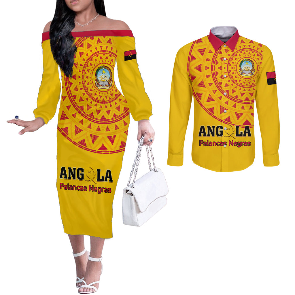 Angola Football Couples Matching Off The Shoulder Long Sleeve Dress and Long Sleeve Button Shirt Go Palancas Negras Yellow Version